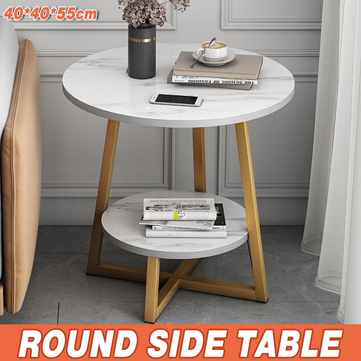 2 Tier Round Side Table White Marble Design Metal Frame