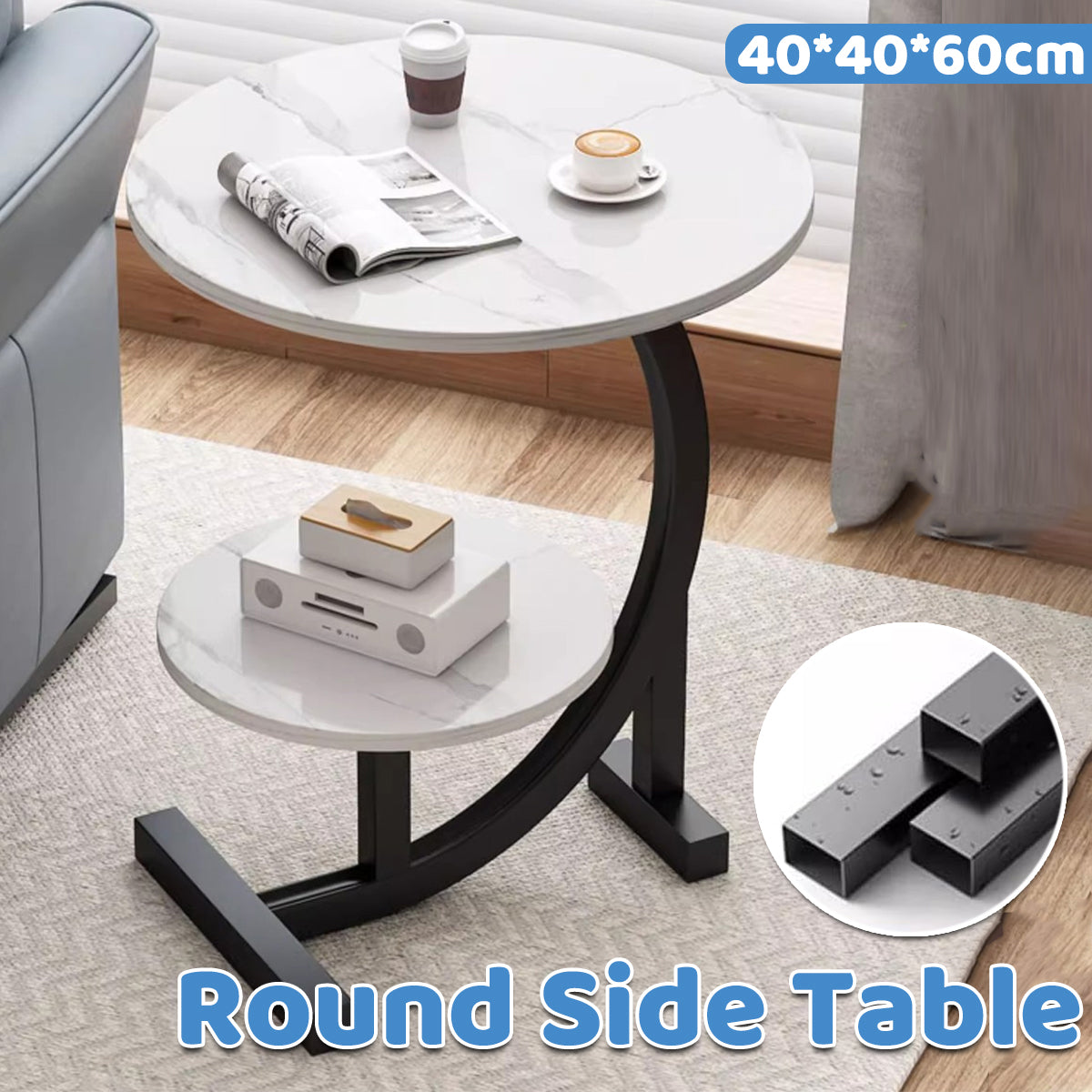 Mobile Round Side Table with Two Tier Storage