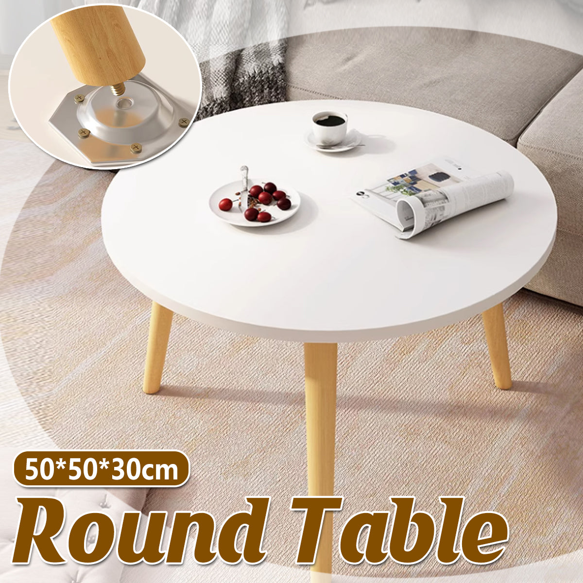 Round End Table with Solid Wood Legs and 1-Tier Design