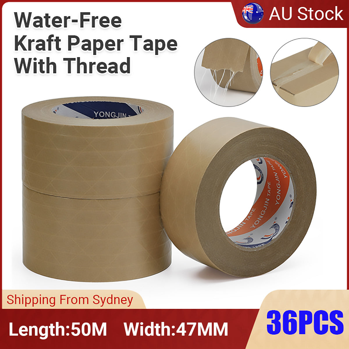 36 Rolls Kraft Paper Tape with Thread 47mm x 50m Self Adhesive