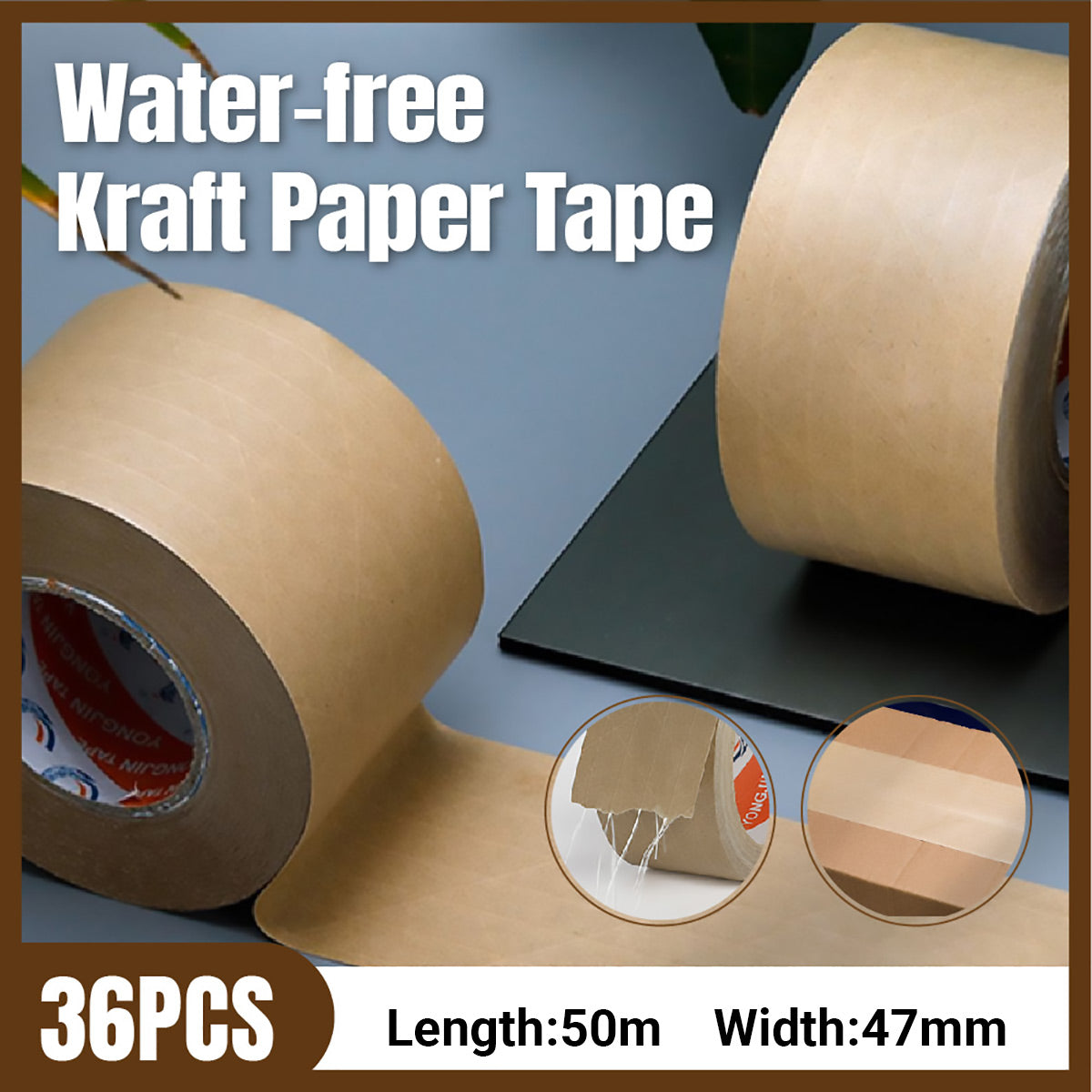 36 Rolls Kraft Paper Tape with Thread 47mm x 50m Self Adhesive