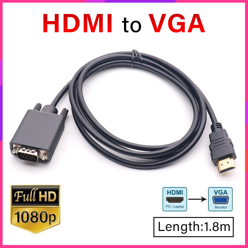 1.8m Gold-Plated HDMI to VGA Adapter Cable 1080P