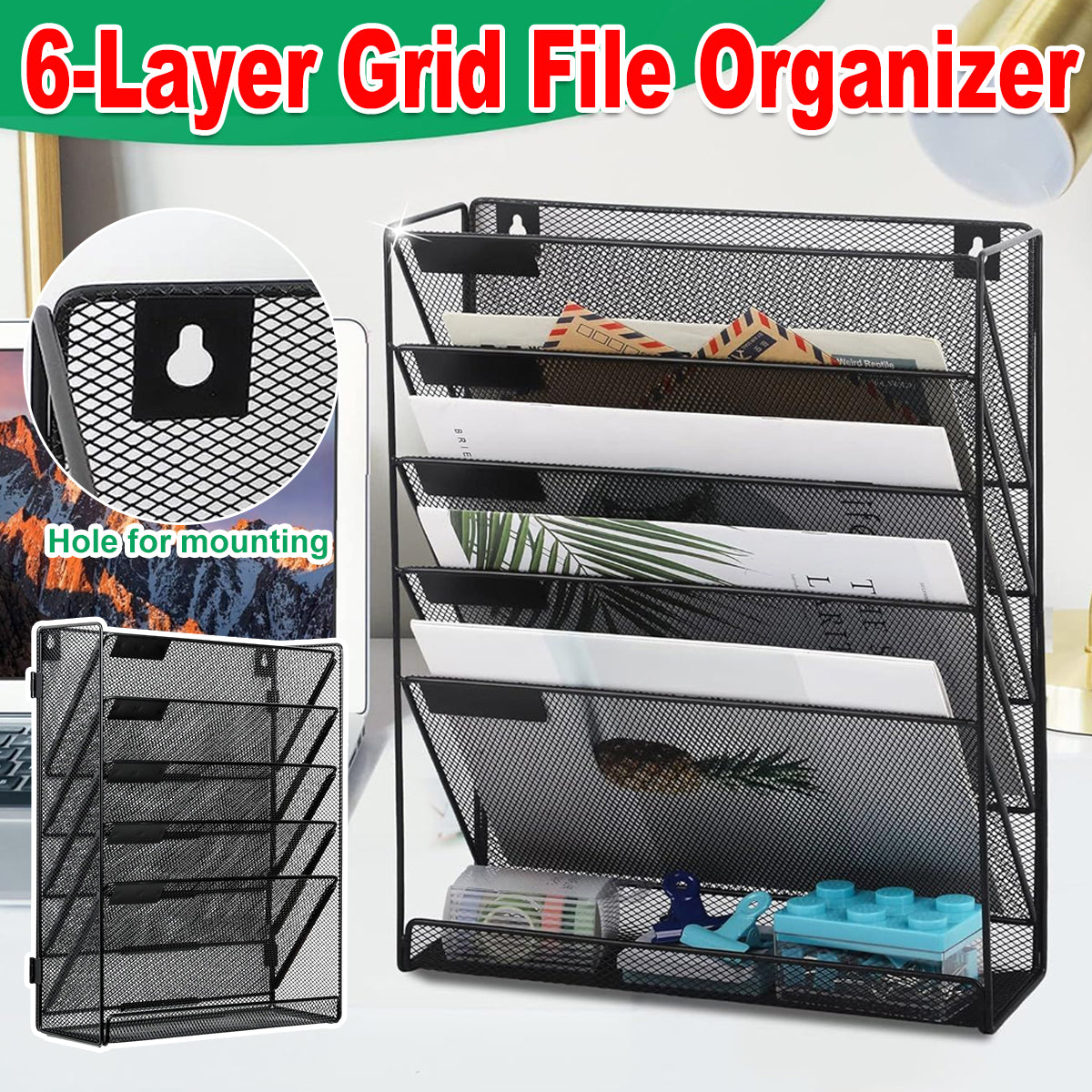 6 Layer Hanging Mesh File Organizer Magazine Storage Rack