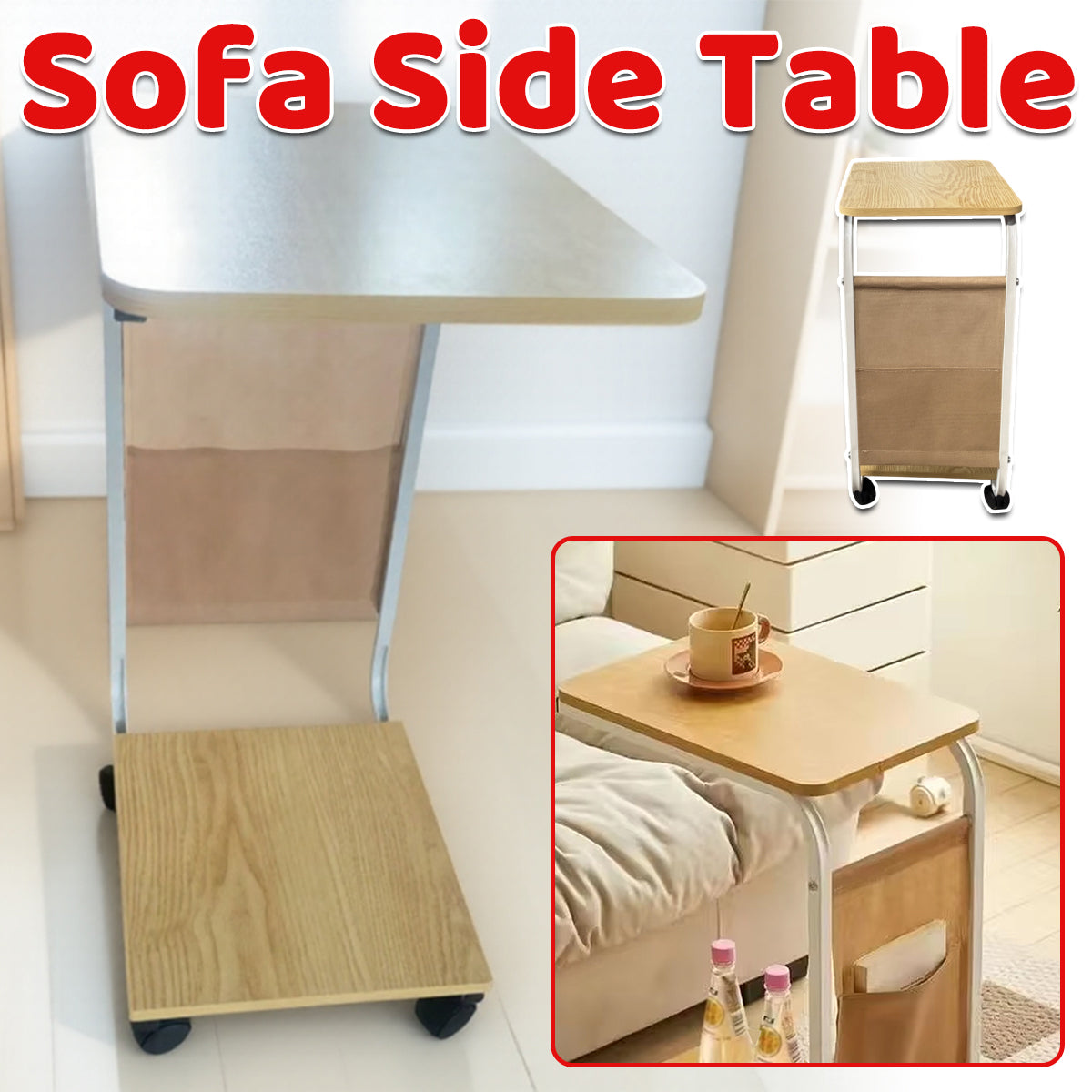 Mobile Side Table with Wheels and Magazine Pocket