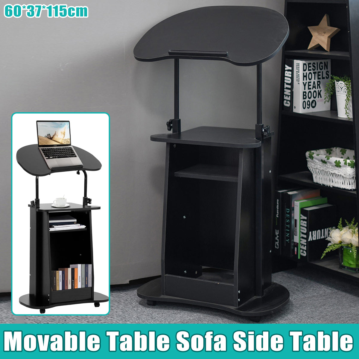 Mobile Adjustable Sofa Side Table with Tilting Desktop and Storage Layers