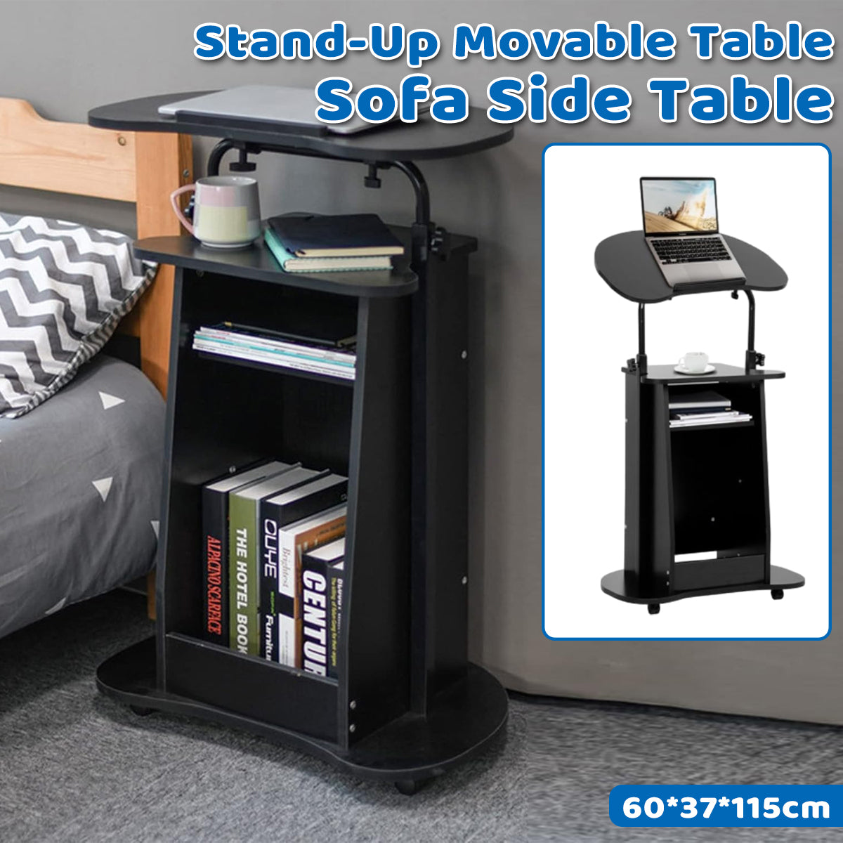 Mobile Adjustable Sofa Side Table with Tilting Desktop and Storage Layers
