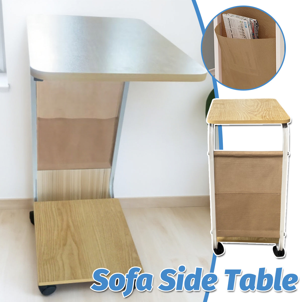 Mobile Side Table with Wheels and Magazine Pocket