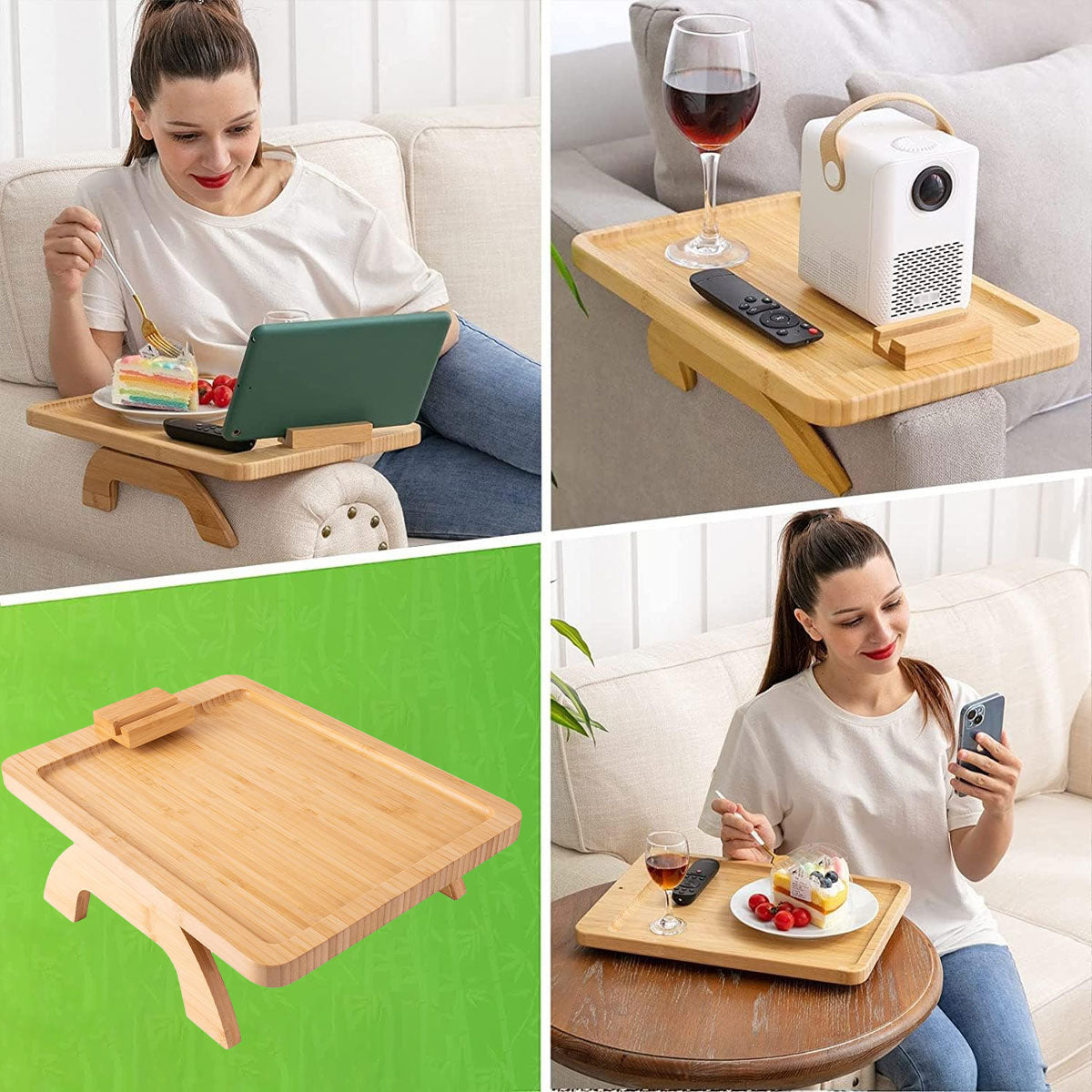 Bamboo Sofa Arm Tray with 360 Rotating Legs