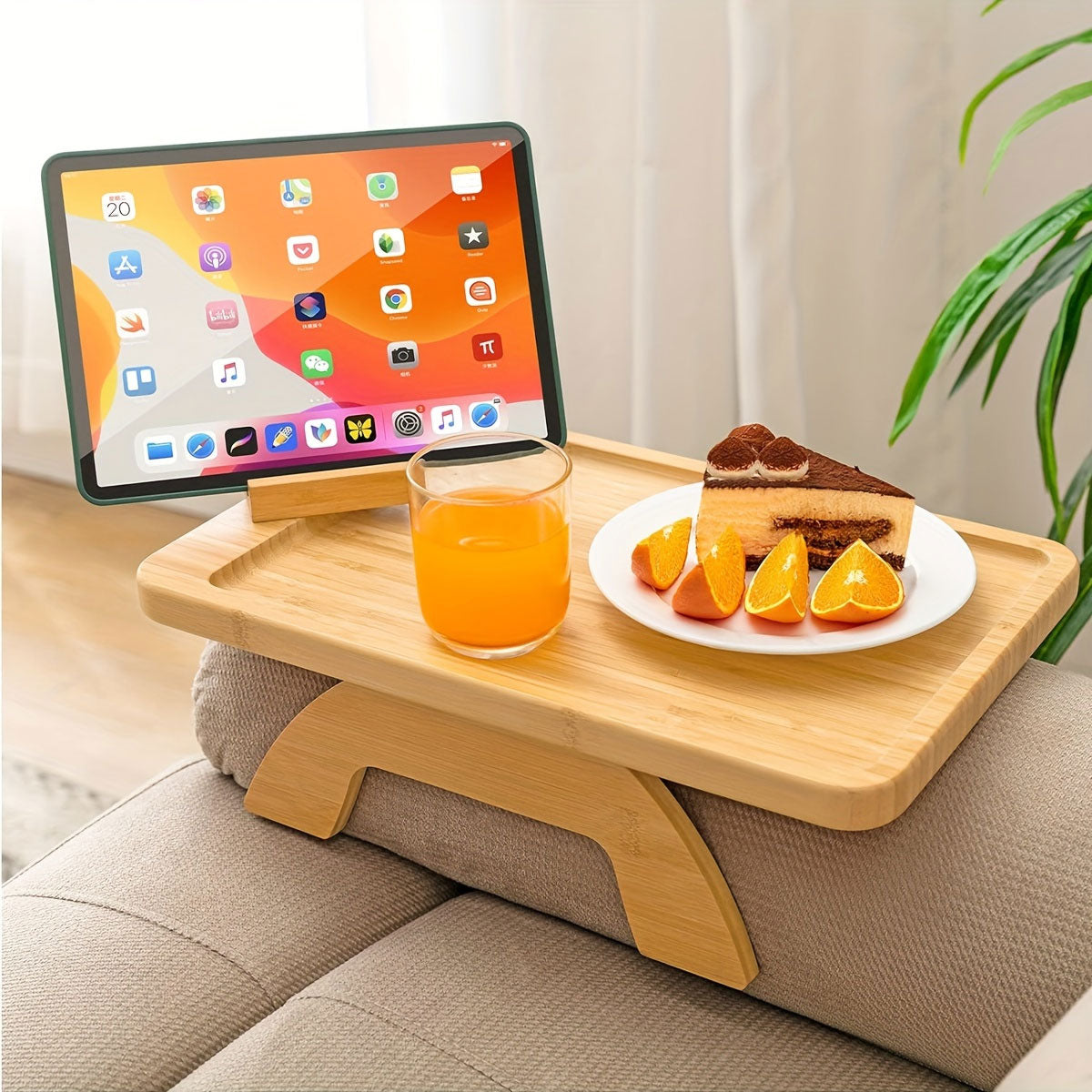 Bamboo Sofa Arm Tray with 360 Rotating Legs