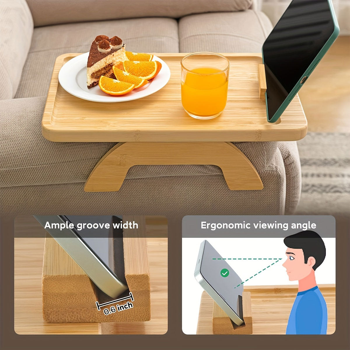 Bamboo Sofa Arm Tray with 360 Rotating Legs