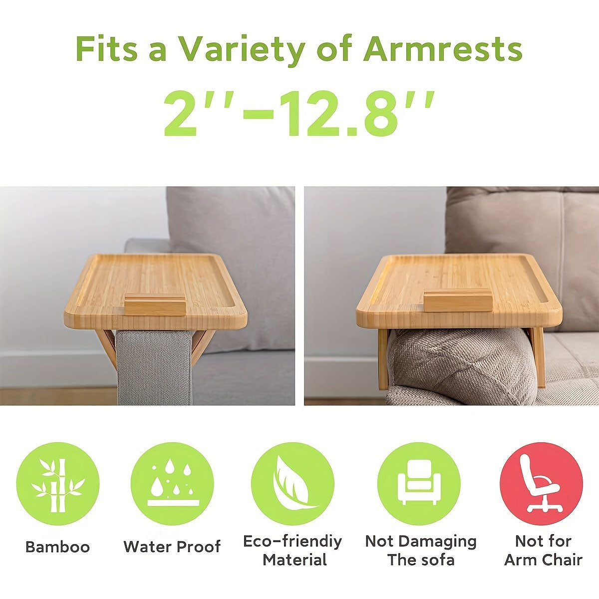 Bamboo Sofa Arm Tray with 360 Rotating Legs
