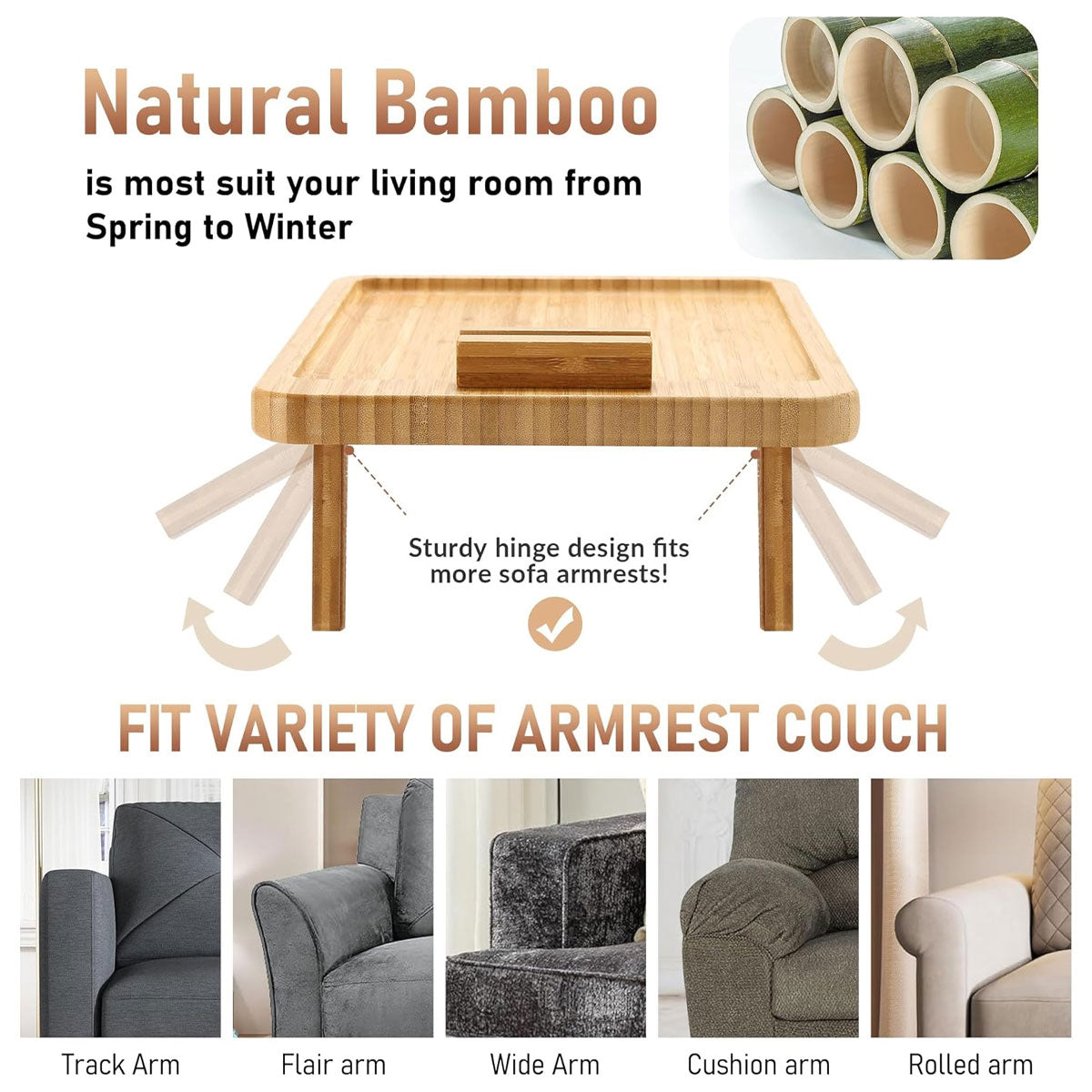 Bamboo Sofa Arm Tray with 360 Rotating Legs