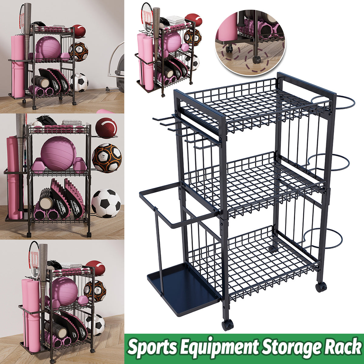 Sports Equipment Storage Rack on Wheels
