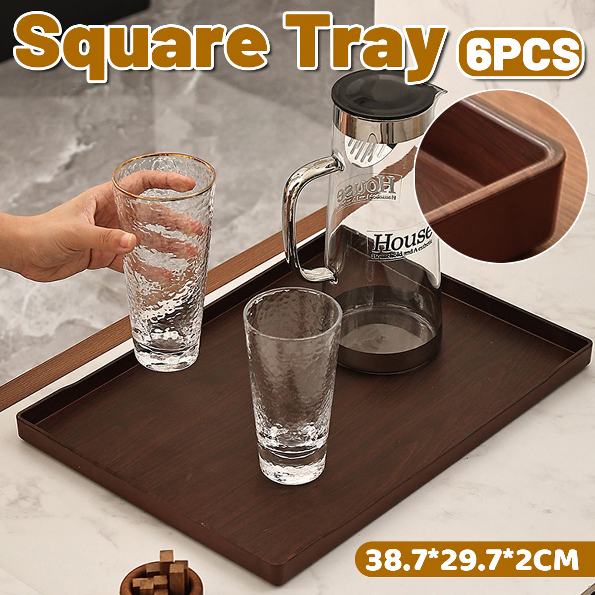 6pcs Wood-Grain ABS Rectangular Serving Trays