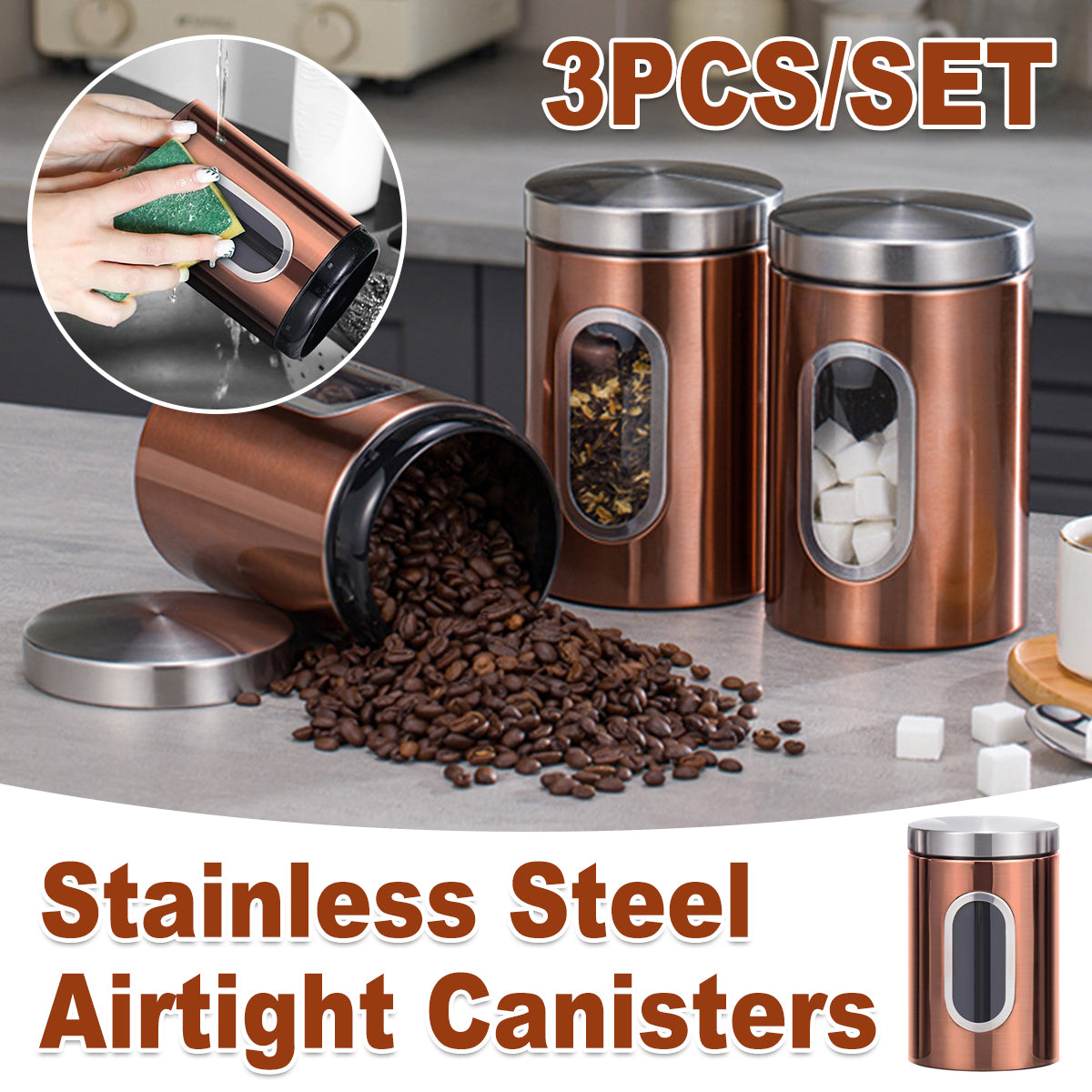 3pcs Stainless Steel Canisters with Clear Window