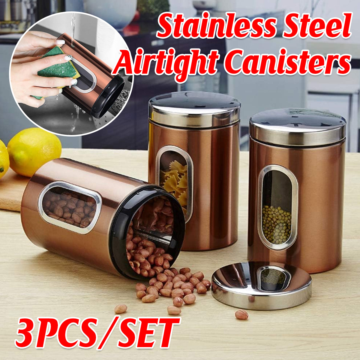 3pcs Stainless Steel Canisters with Clear Window