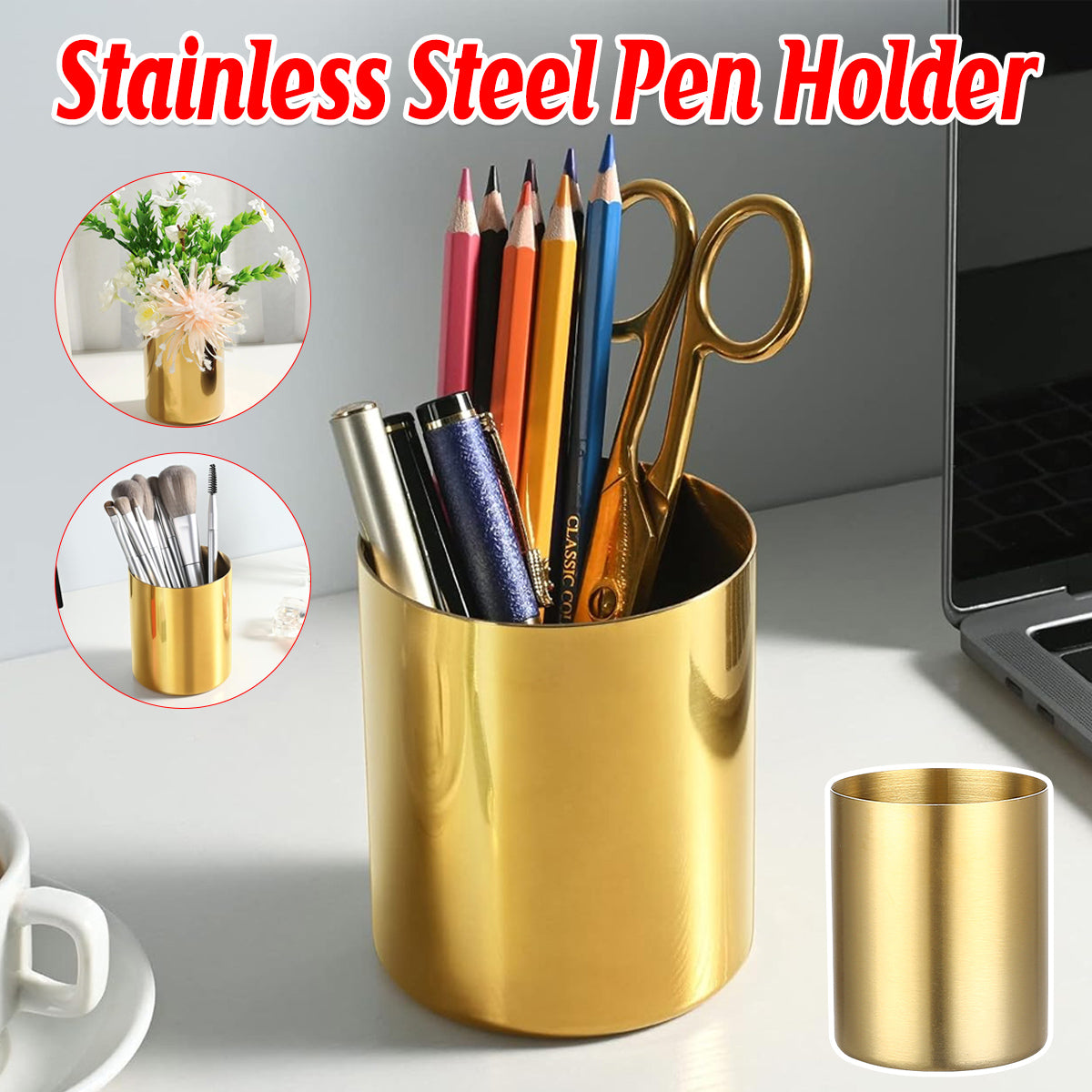 Stainless Steel Round Pen Holder Brushed Finish Non-Slip Base