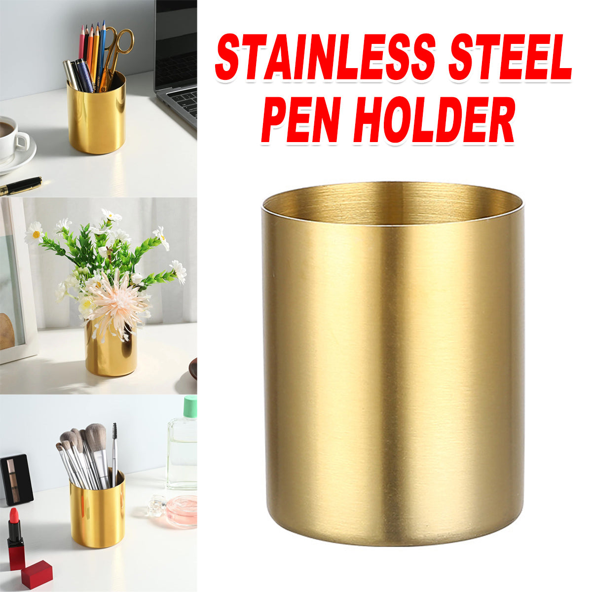 Stainless Steel Round Pen Holder Brushed Finish Non-Slip Base