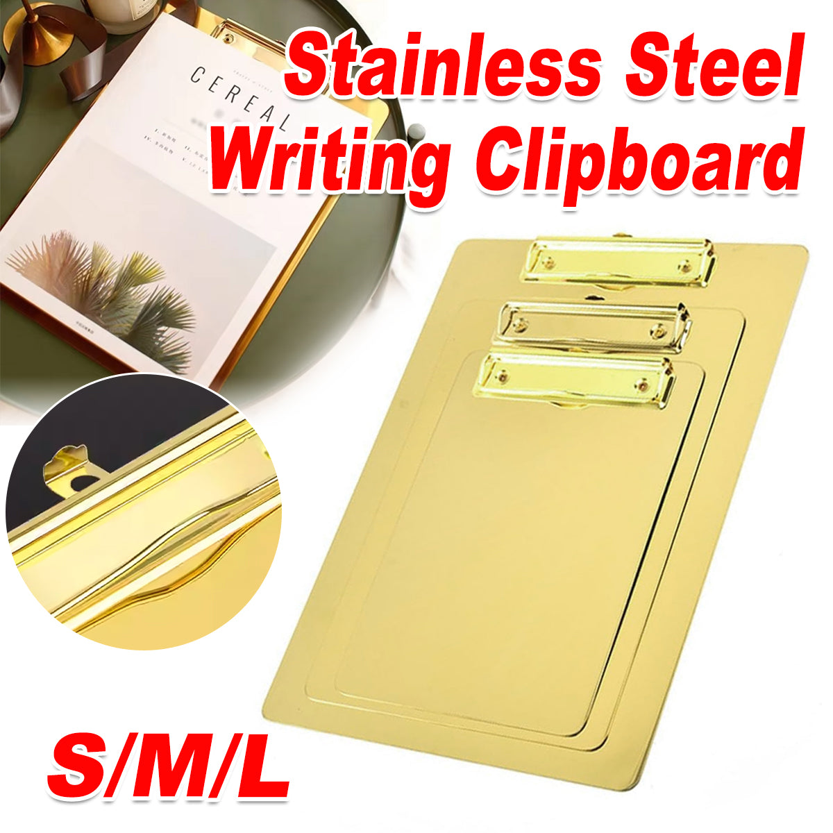 Metal Writing Board with Stainless Steel Clip Gold Finish