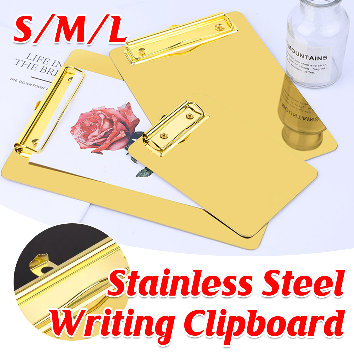 Metal Writing Board with Stainless Steel Clip Gold Finish