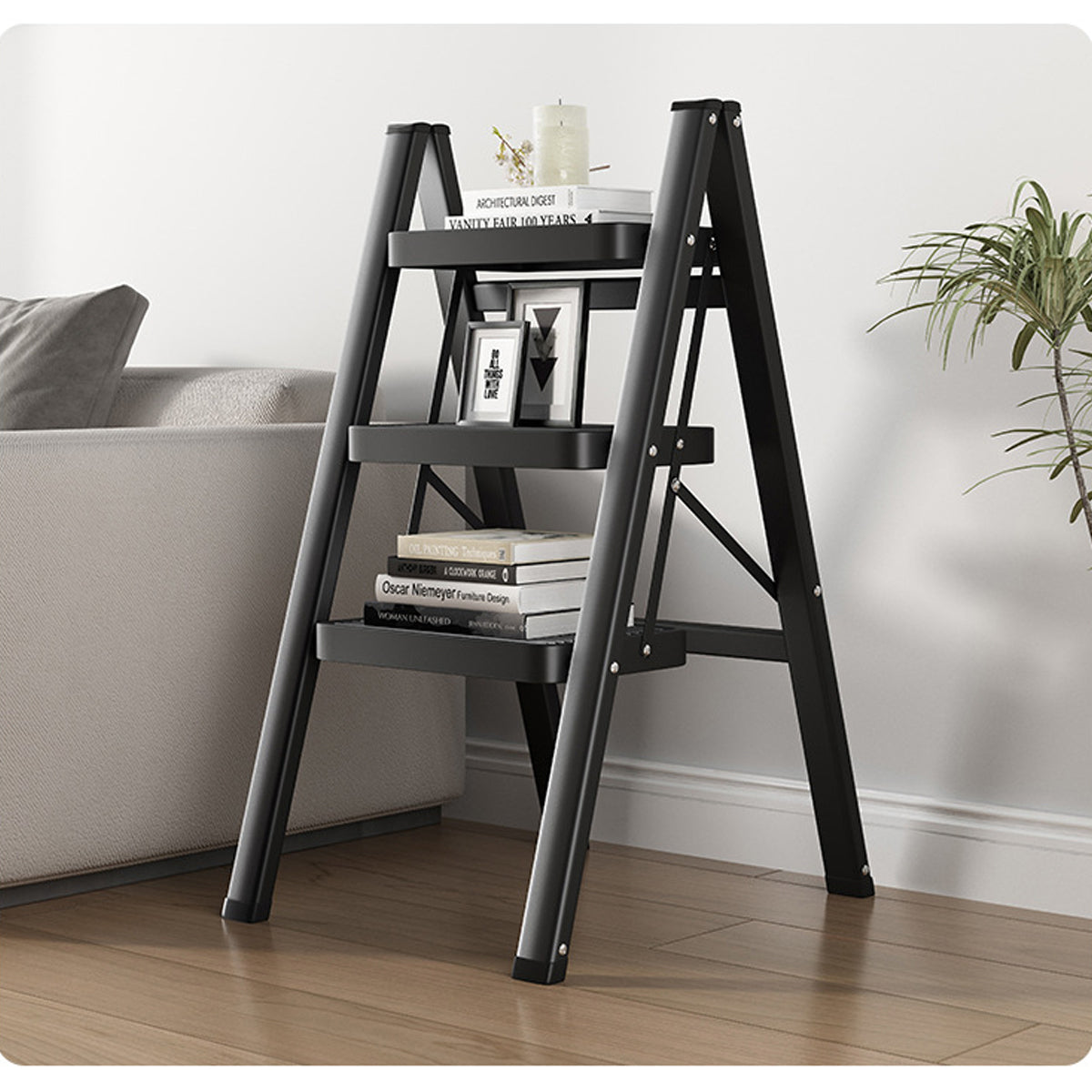 Folding Step Stool Telescoping Ladder Lightweight Indoor Use