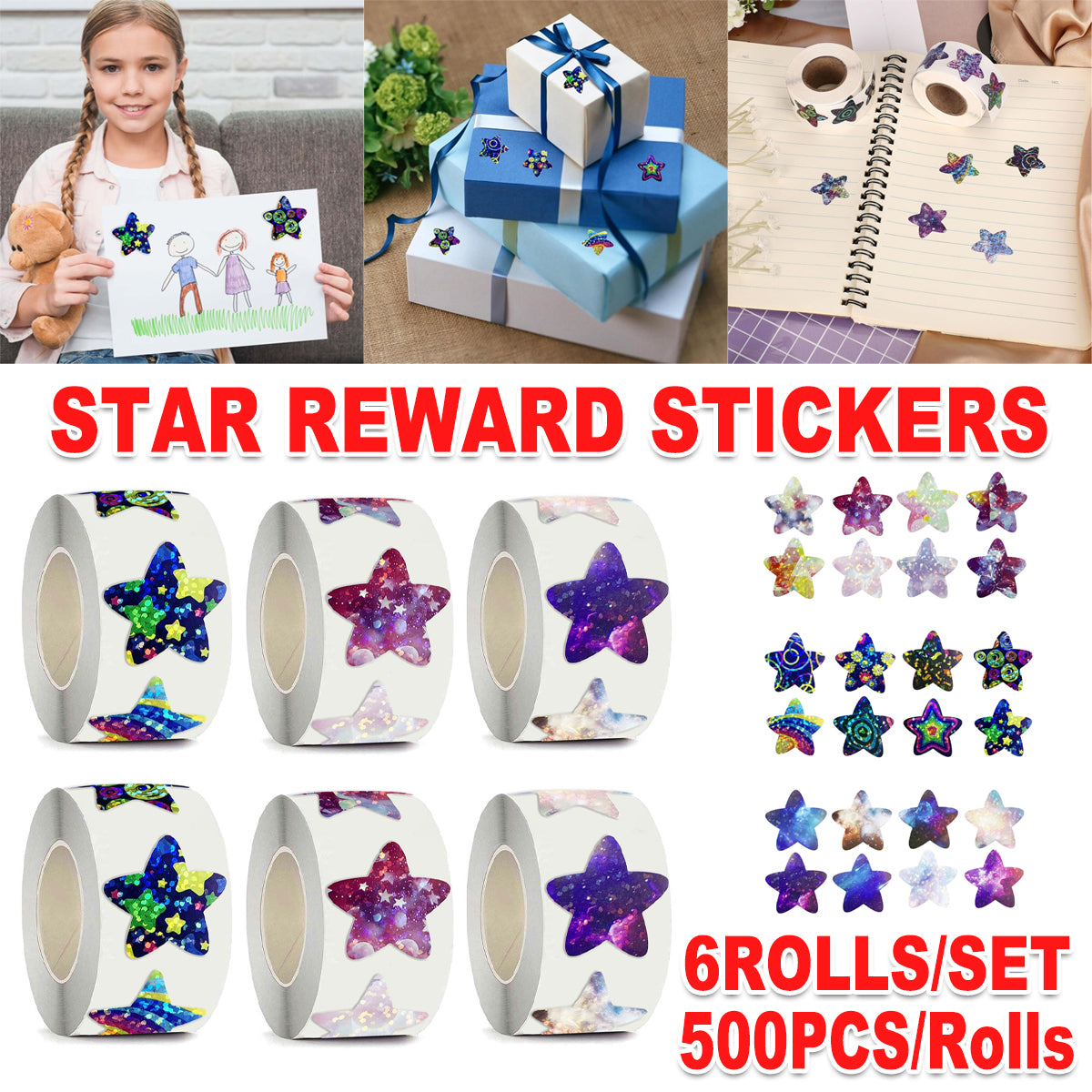 6 Rolls Star Stickers Self-Adhesive Waterproof Multicolour