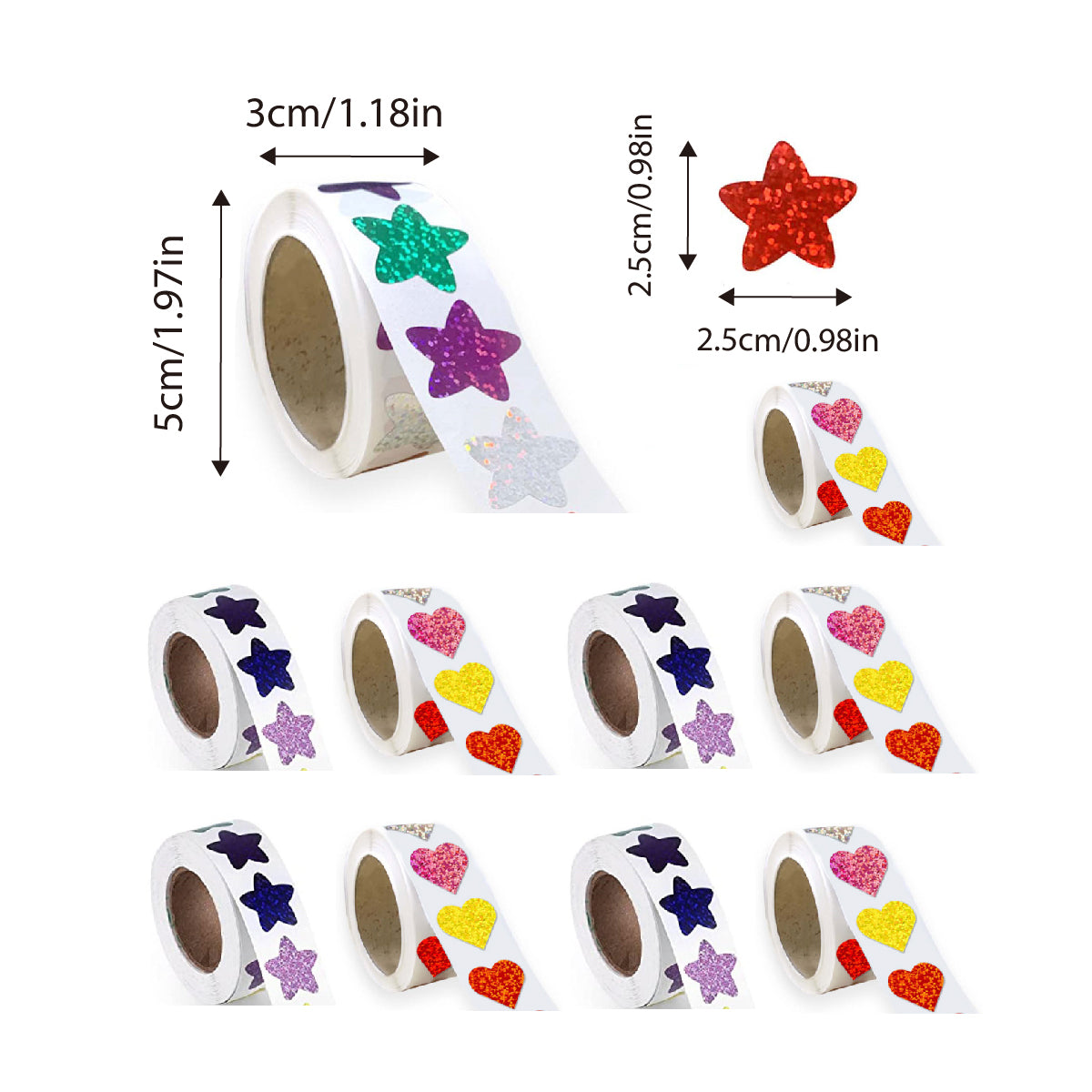 10 Rolls Glitter Star and Heart Reward Stickers