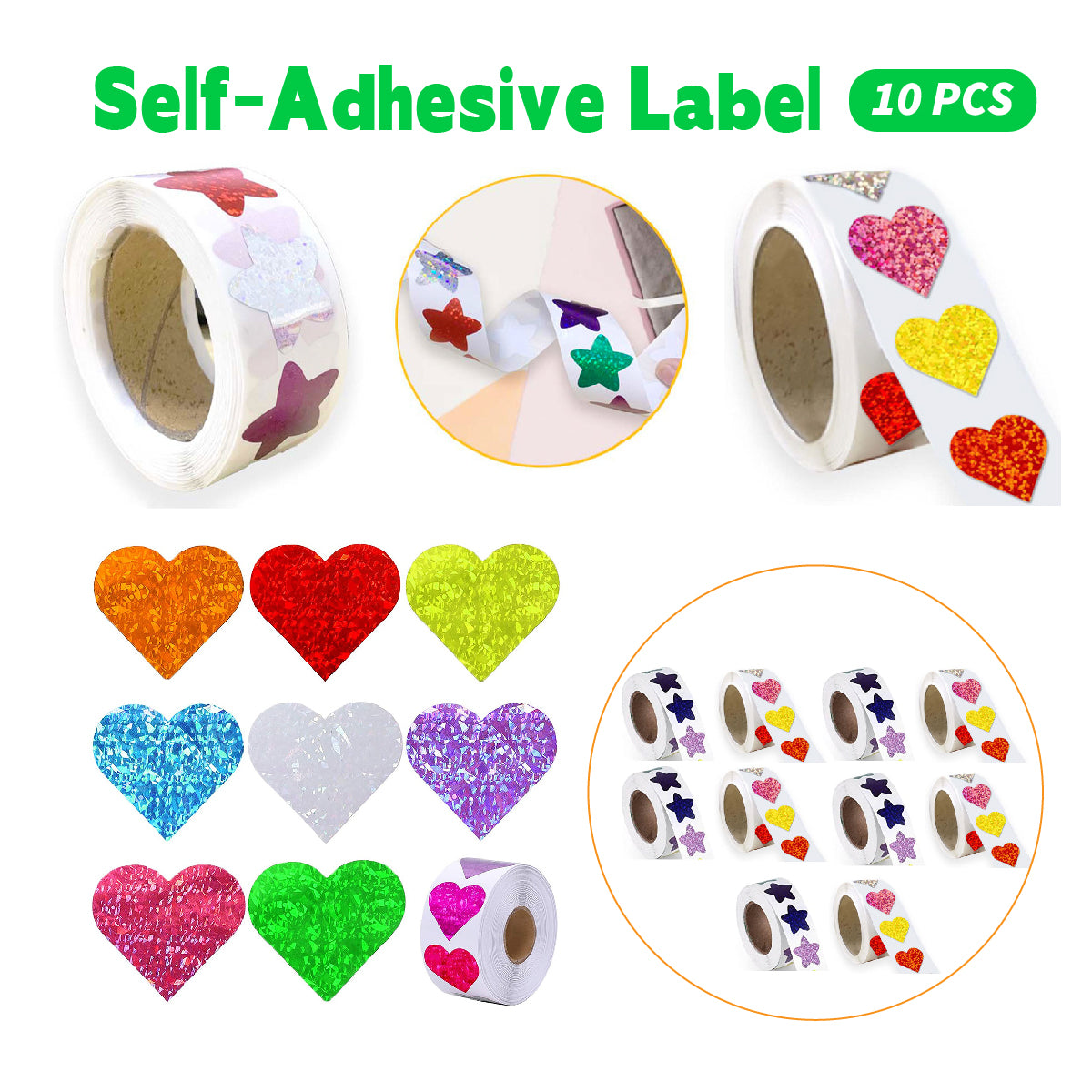 10 Rolls Glitter Star and Heart Reward Stickers