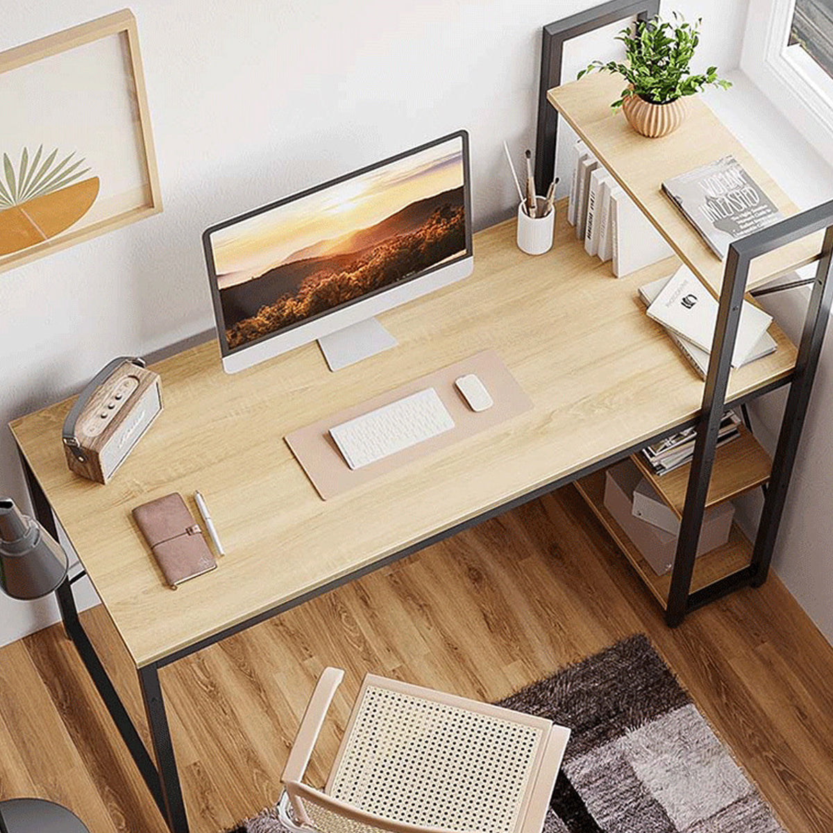 Computer Desk with Reversible 3-Tier Bookshelf