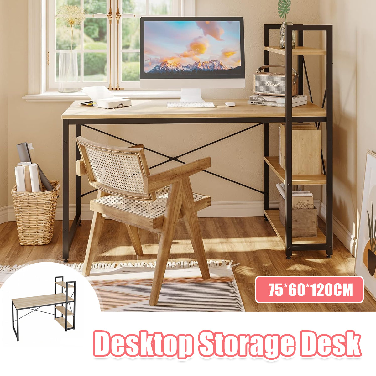 Computer Desk with Reversible 3-Tier Bookshelf