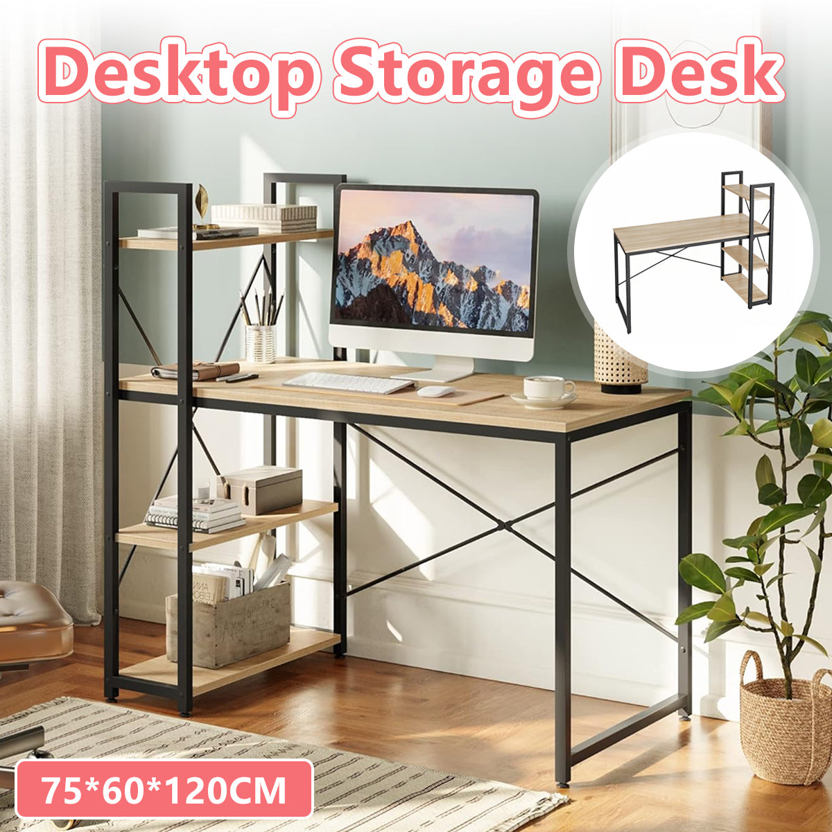 Computer Desk with Reversible 3-Tier Bookshelf