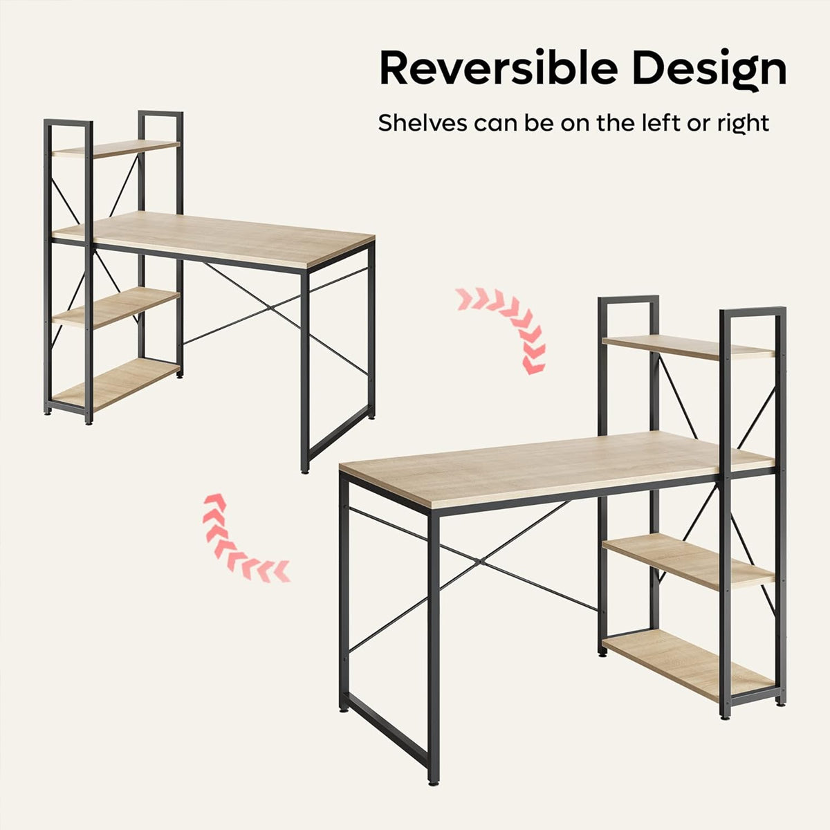 Computer Desk with Reversible 3-Tier Bookshelf