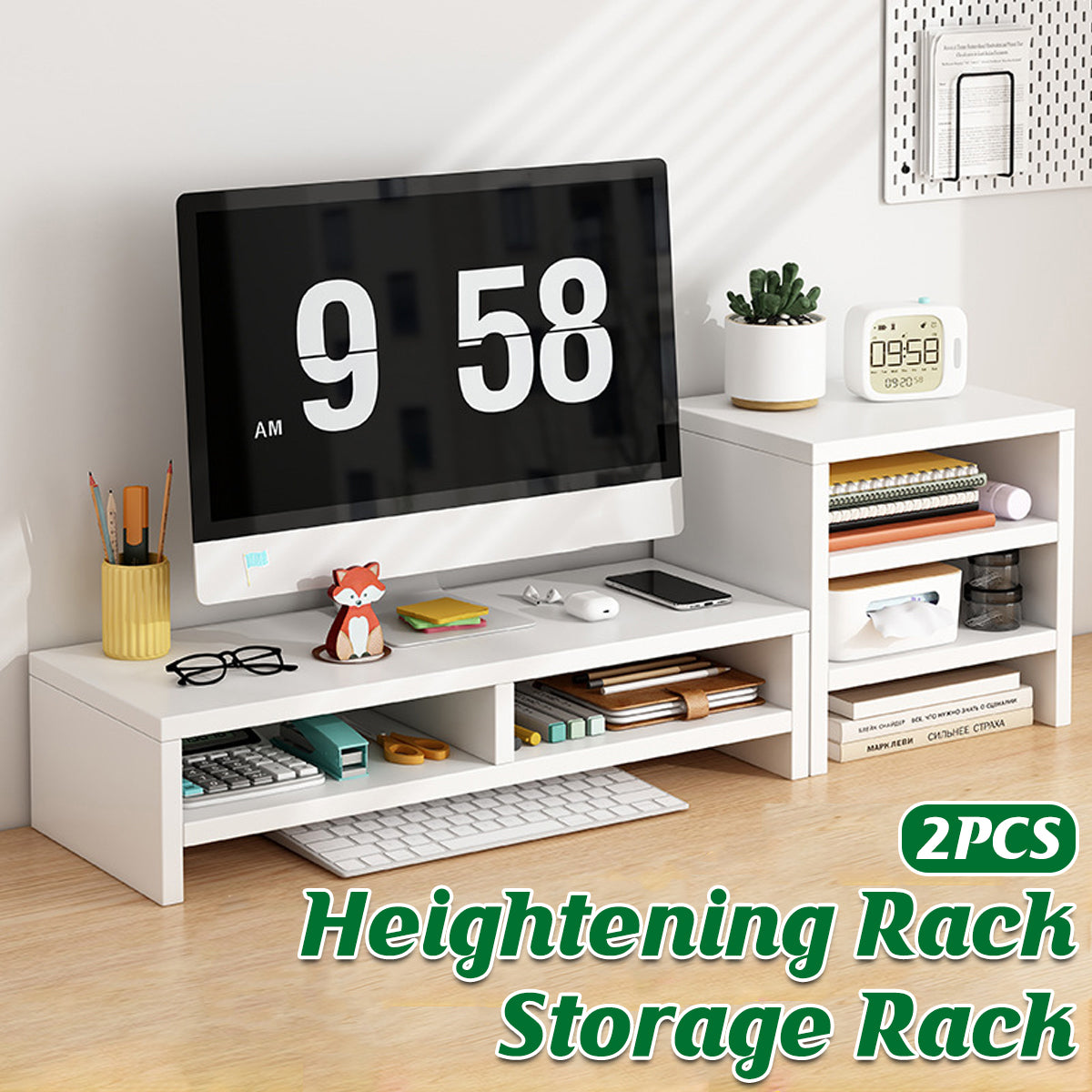 2 Pcs Monitor Riser and 3-Tier Desk Storage Rack White Wood