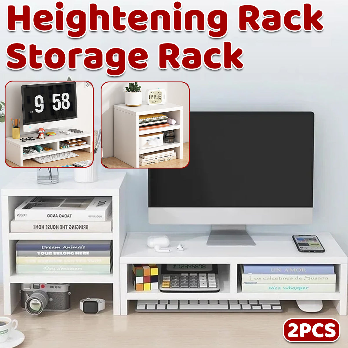 2 Pcs Monitor Riser and 3-Tier Desk Storage Rack White Wood