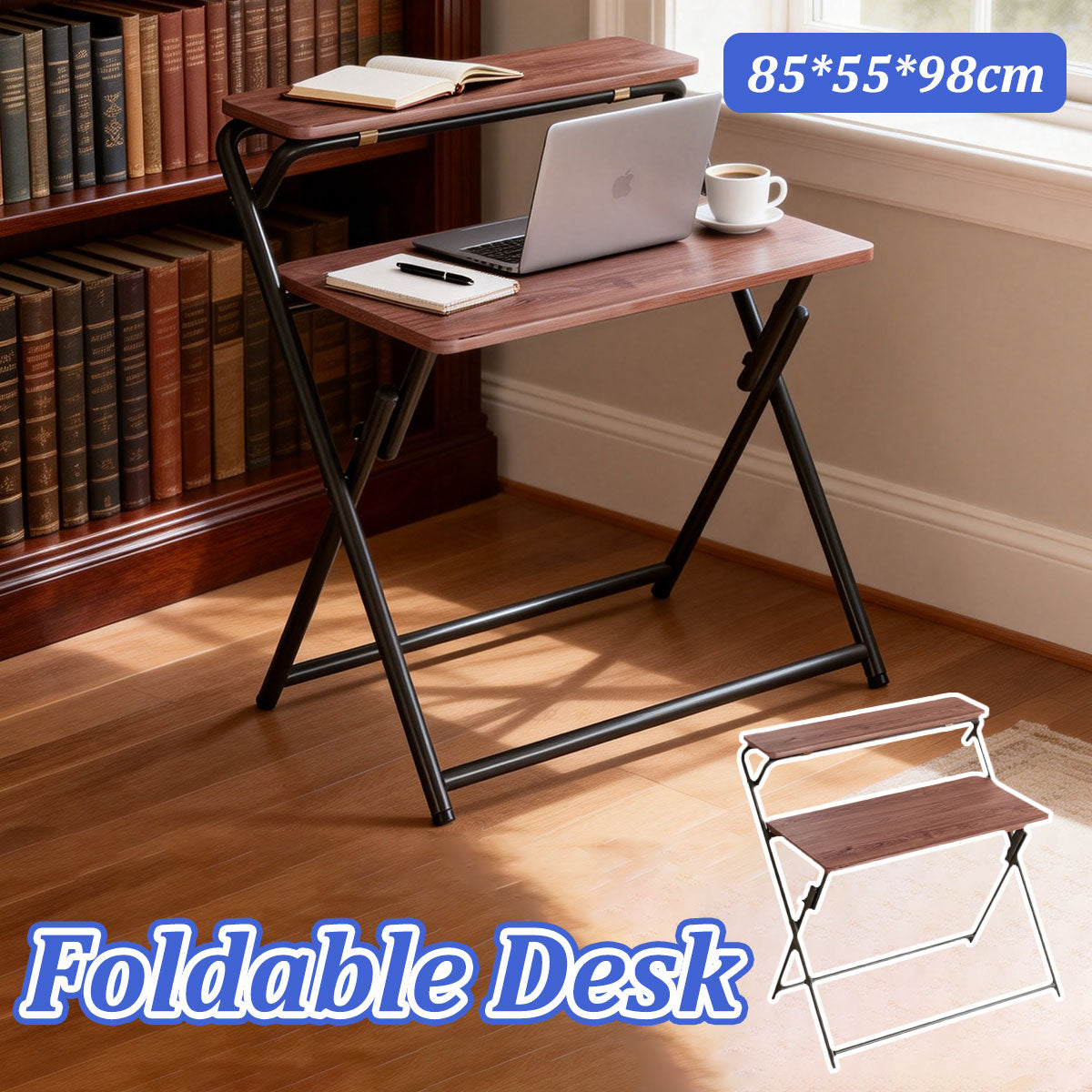 Double Layer Foldable Desk with Metal Frame Study