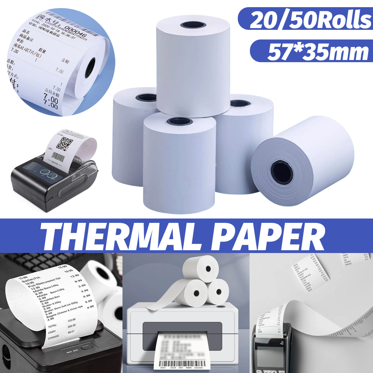 20/50 Rolls Thermal Paper Bright White Smooth POS Printer