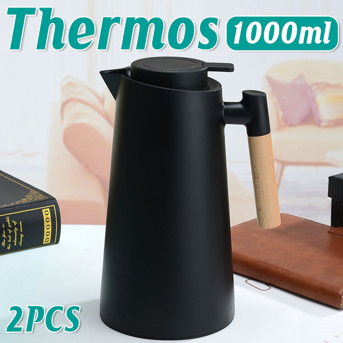 2pcs 1000ml Thermal Coffee Pots with Wooden Handle