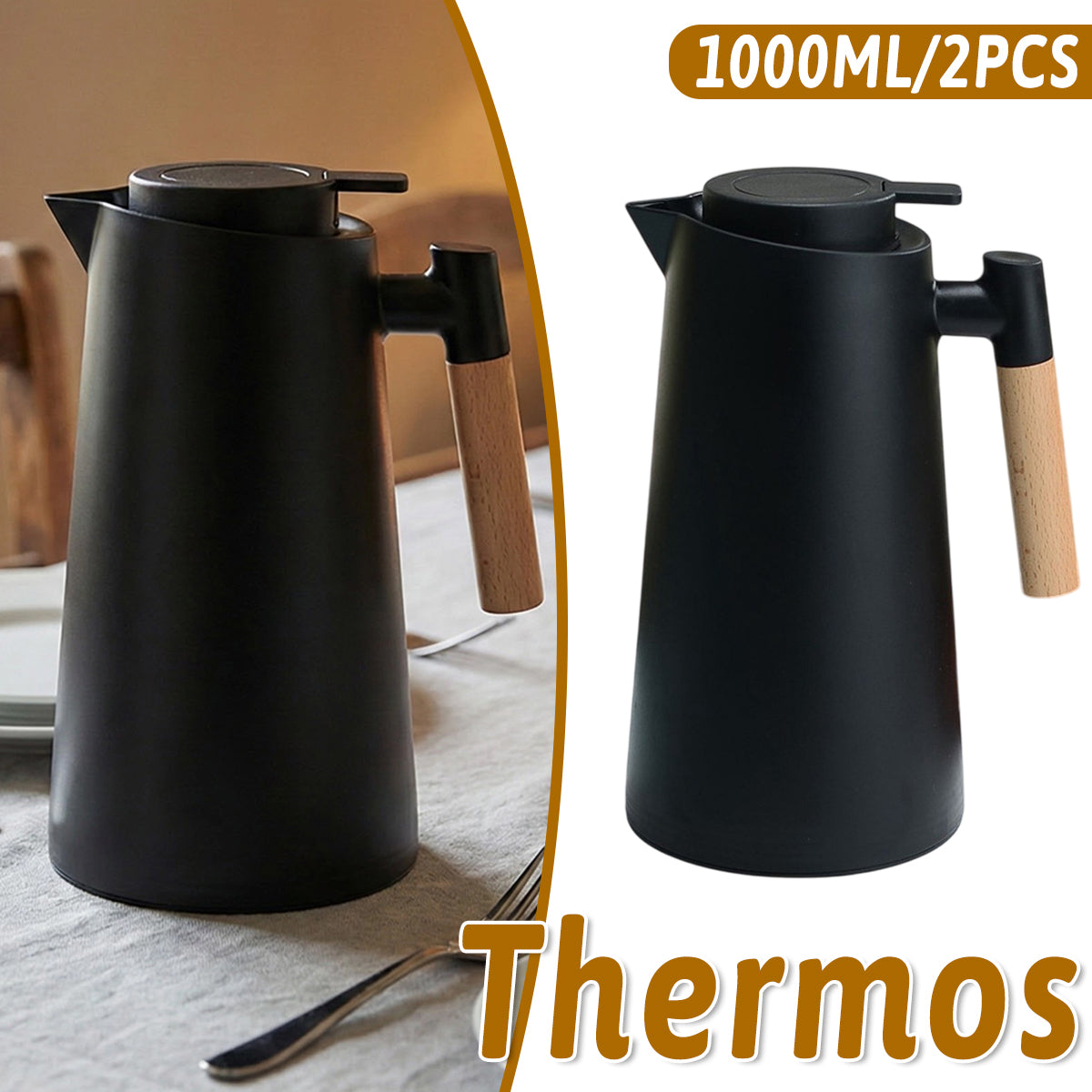 2pcs 1000ml Thermal Coffee Pots with Wooden Handle