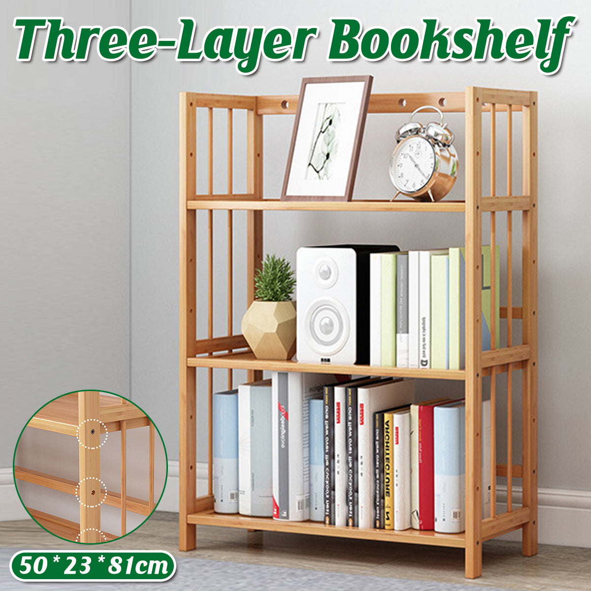 Three Layer Bamboo Bookshelf Floor Rack for Home and Office