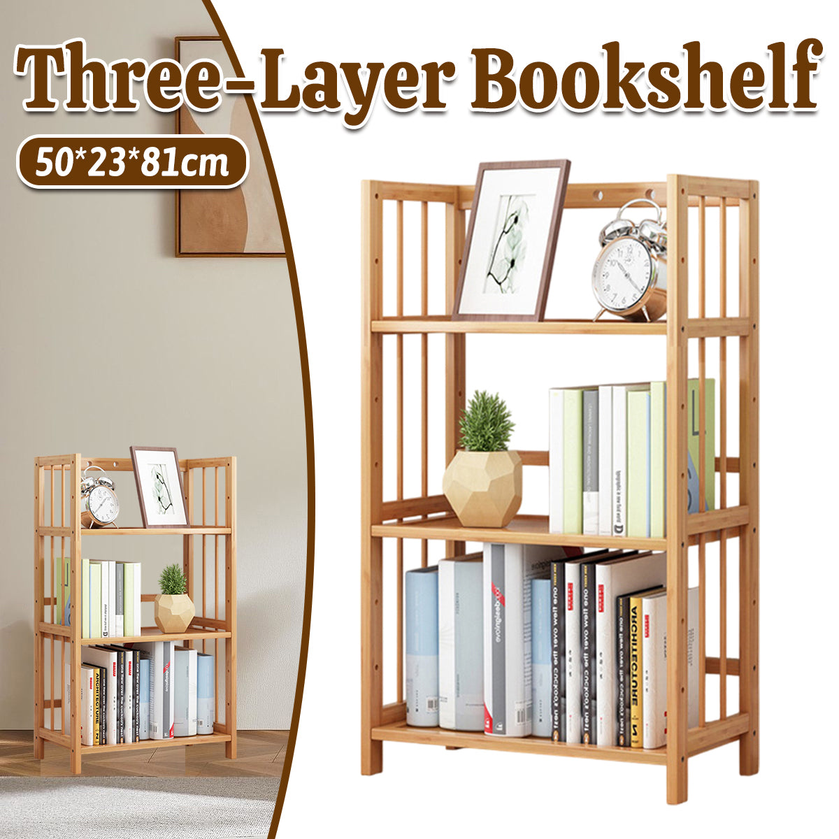 Three Layer Bamboo Bookshelf Floor Rack for Home and Office