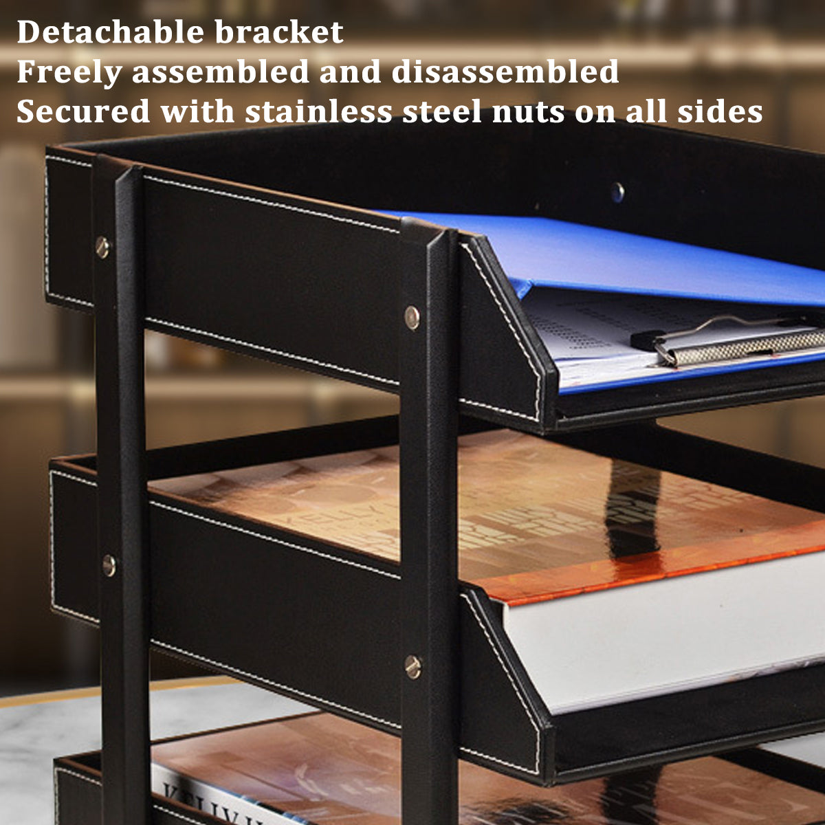 3-Tier Leather Desktop File Organizer Rack
