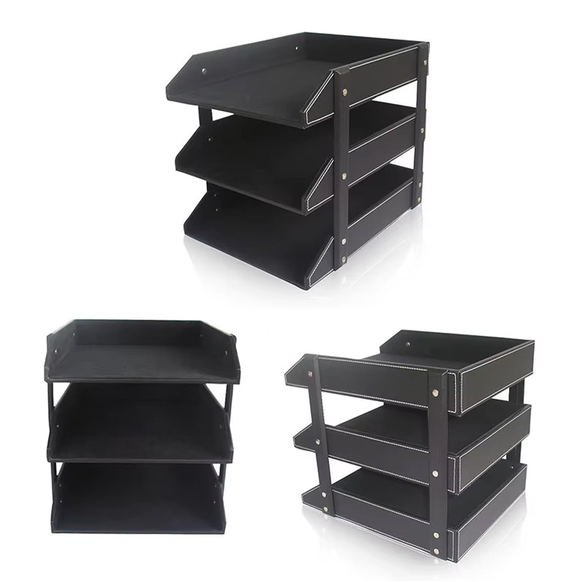 3-Tier Leather Desktop File Organizer Rack
