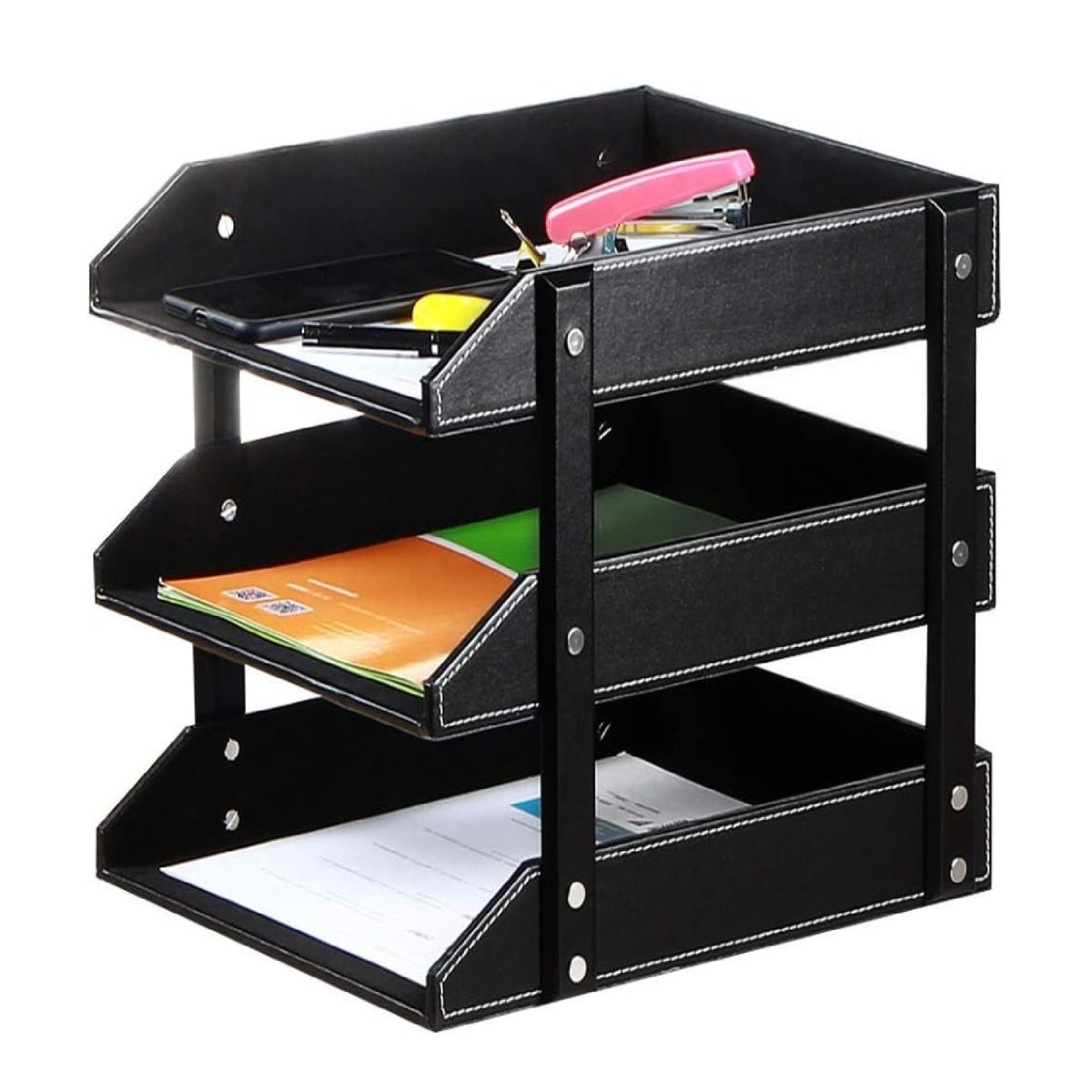 3-Tier Leather Desktop File Organizer Rack
