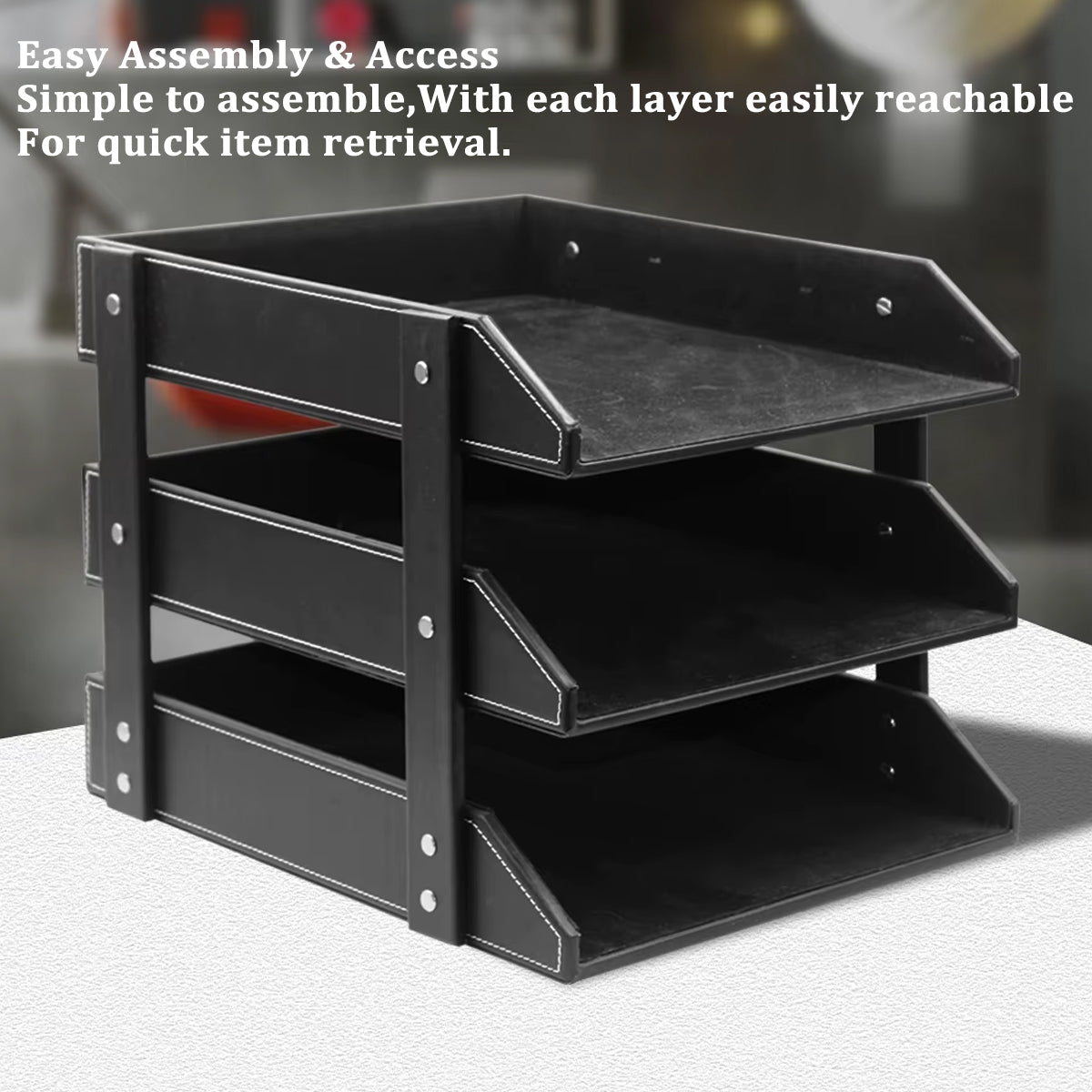 3-Tier Leather Desktop File Organizer Rack