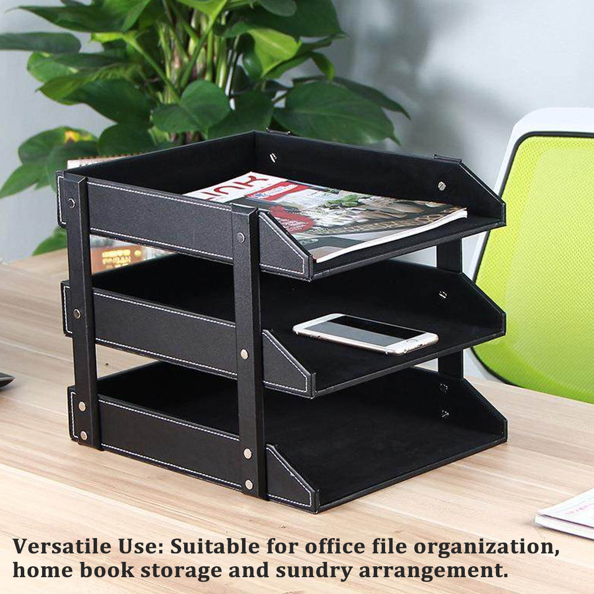 3-Tier Leather Desktop File Organizer Rack