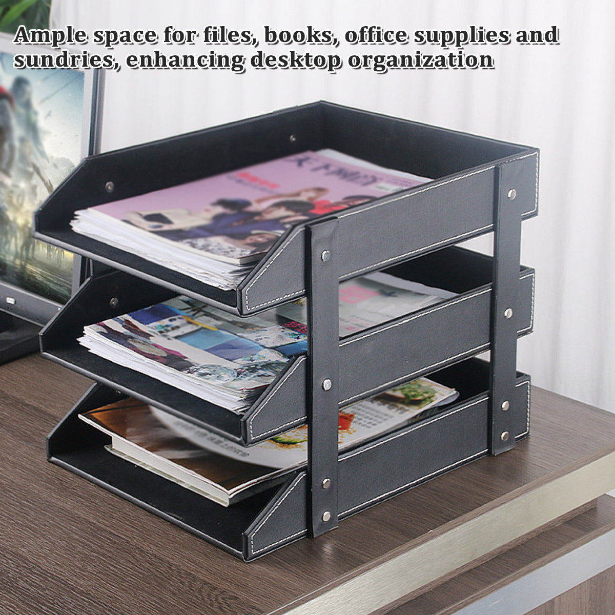 3-Tier Leather Desktop File Organizer Rack