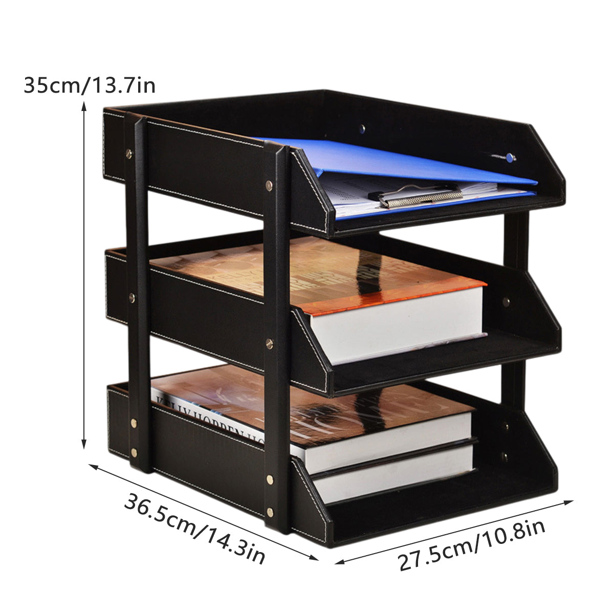 3-Tier Leather Desktop File Organizer Rack