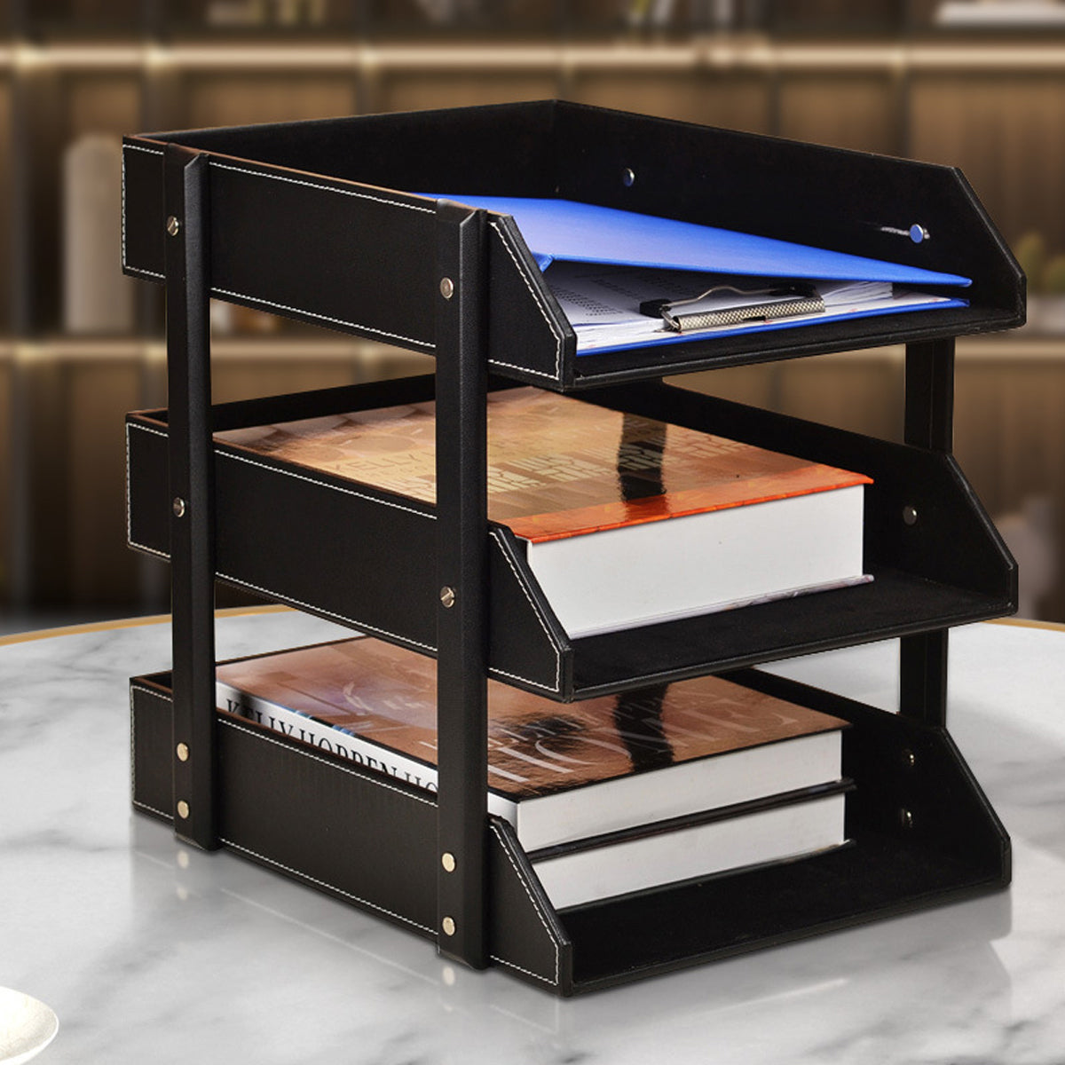3-Tier Leather Desktop File Organizer Rack