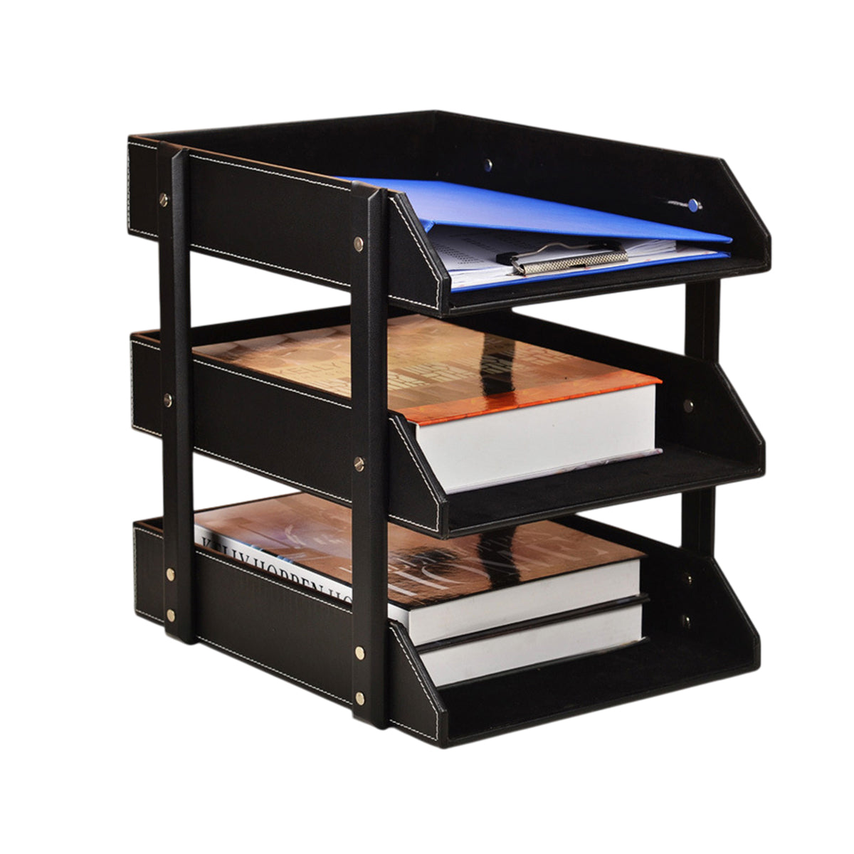 3-Tier Leather Desktop File Organizer Rack