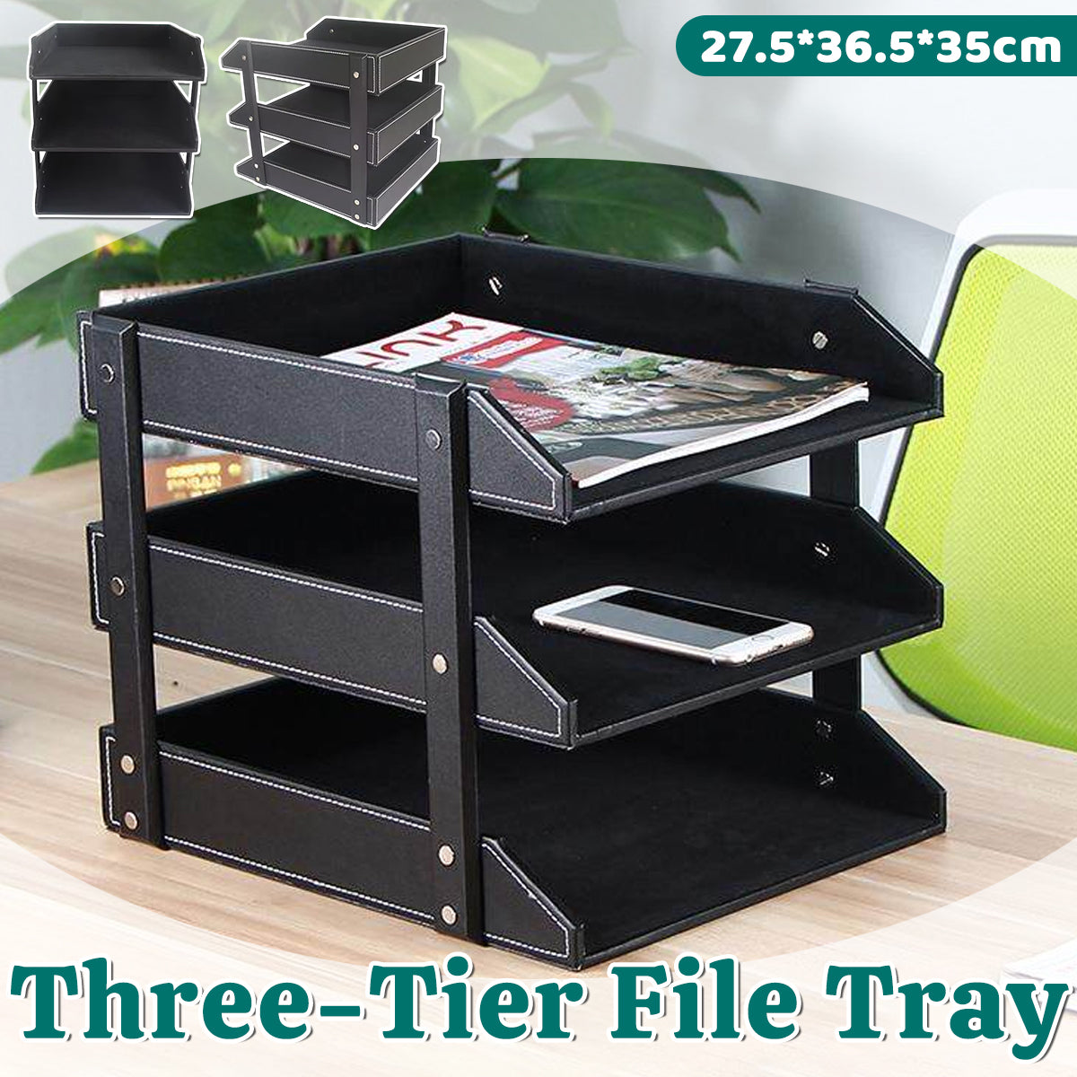 3-Tier Leather Desktop File Organizer Rack
